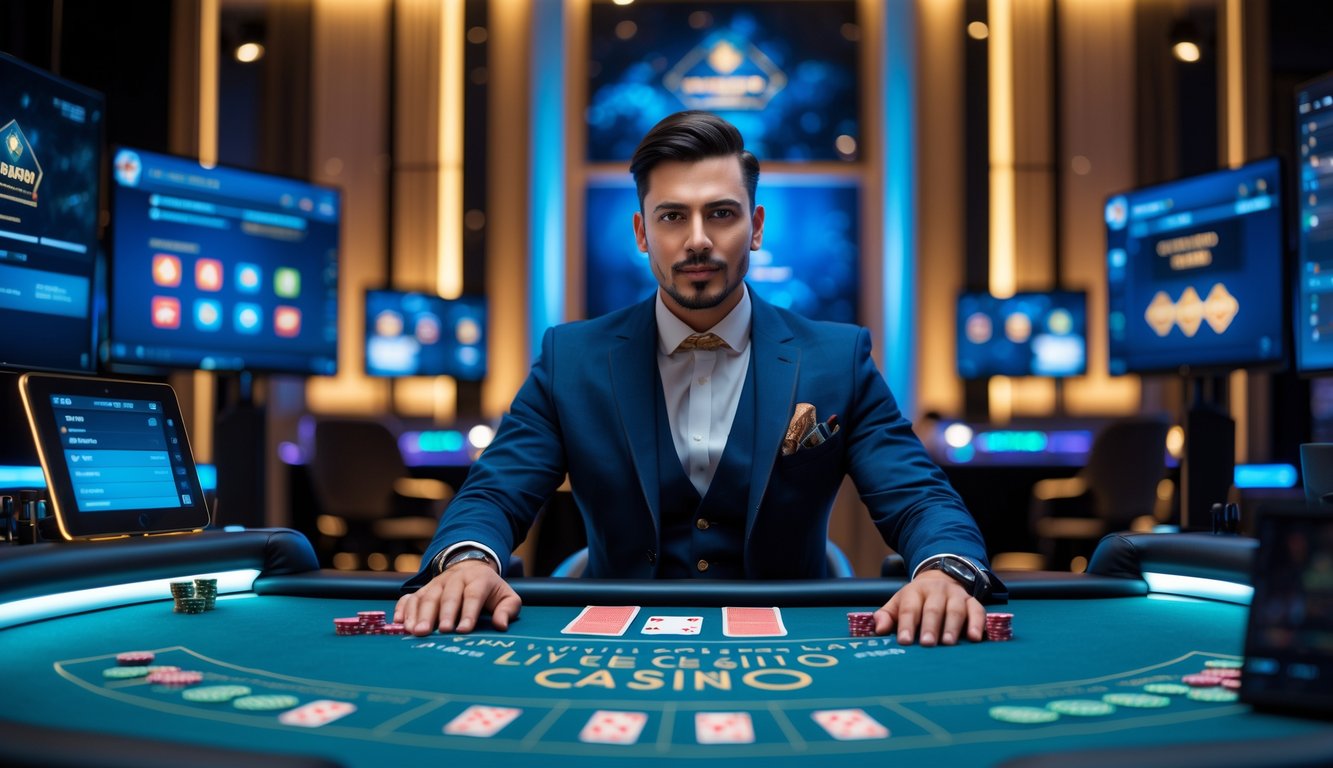 Seorang dealer kasino langsung asli duduk di meja kasino dengan kartu dan chip, berinteraksi secara langsung melalui kamera dalam studio kasino modern.