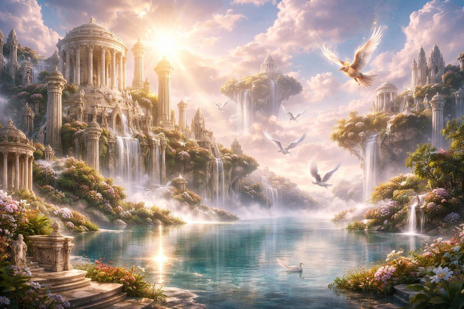 Pemandangan danau jernih dengan kuil megah di atas awan dan makhluk mitos terbang di langit.