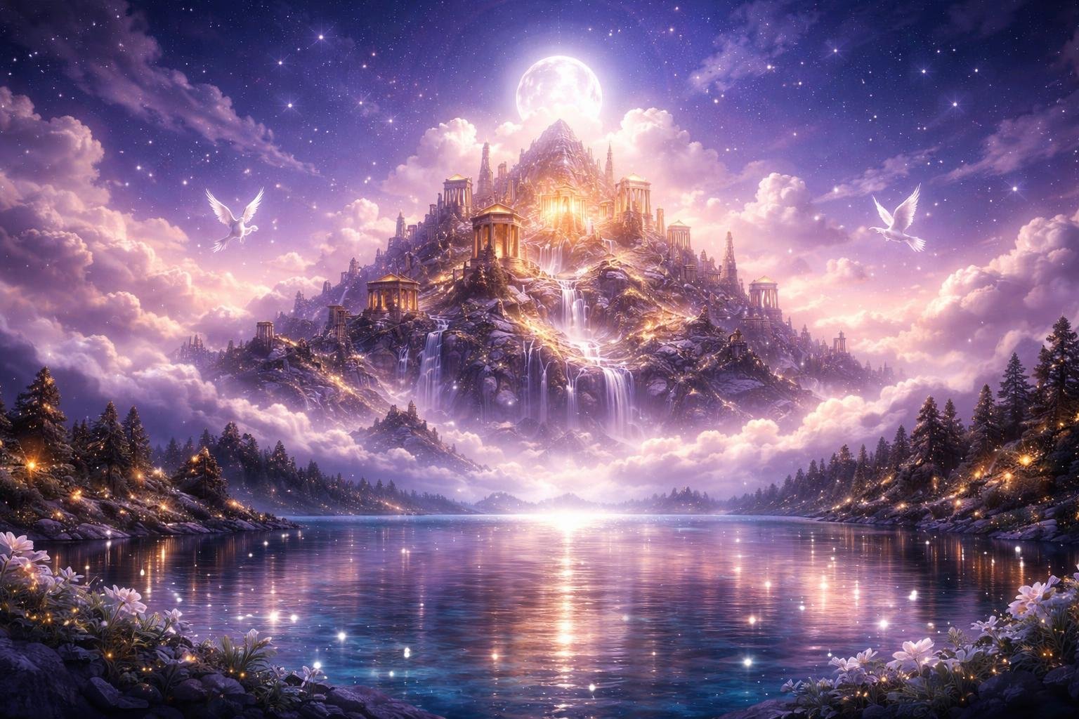 Pemandangan gunung Olympus yang megah dengan kuil bercahaya di atas danau yang tenang, dikelilingi oleh makhluk mitos yang terbang di langit senja.