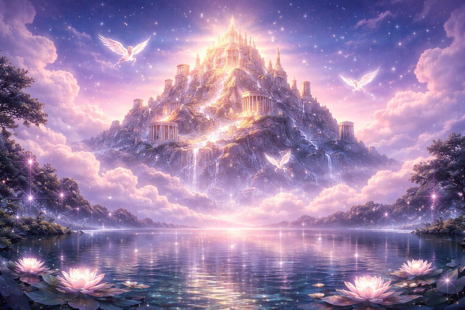 Pemandangan gunung Olympus yang megah dengan kuil dan patung emas di puncaknya, dikelilingi oleh makhluk mitos terbang dan danau jernih di depan, di bawah langit senja yang bercahaya.