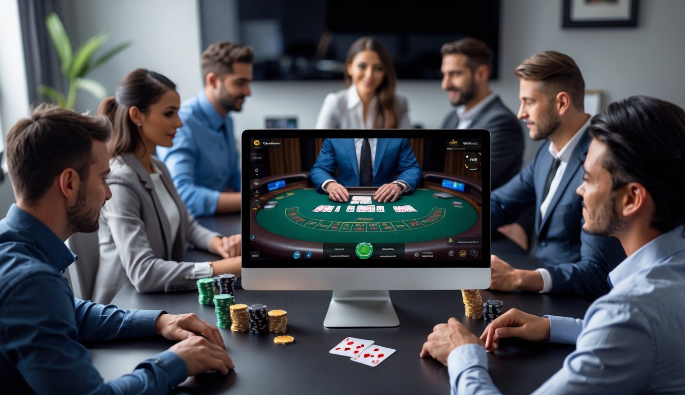 Beberapa orang sedang bermain blackjack online secara langsung di depan komputer dan perangkat elektronik di ruangan yang terang.