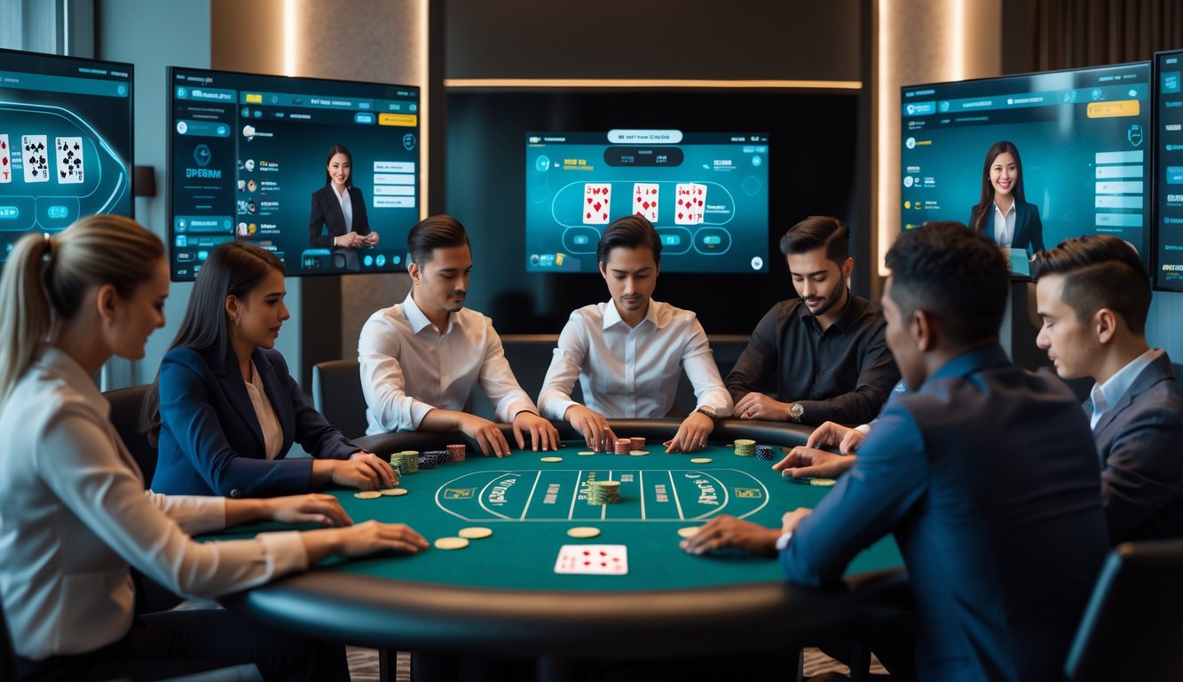 Sejumlah pemain fokus bermain blackjack online di depan layar komputer dengan dealer langsung, menunjukkan suasana permainan kartu yang serius dan strategis.