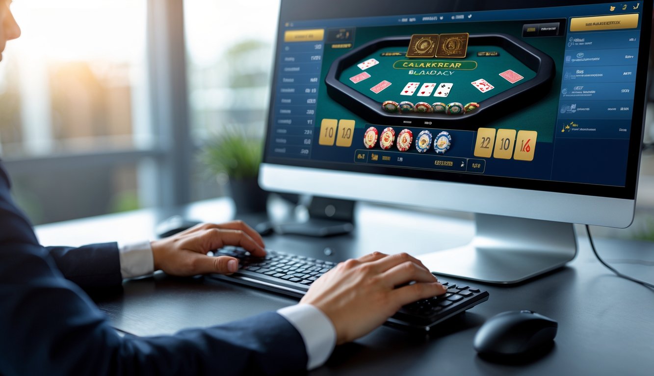 Seseorang bermain blackjack online di depan komputer dengan tampilan meja blackjack di layar.