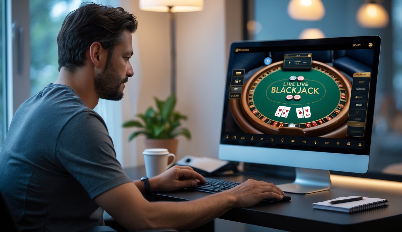 Seorang pemain dewasa fokus bermain blackjack online di depan komputer di ruangan yang nyaman dan terang.