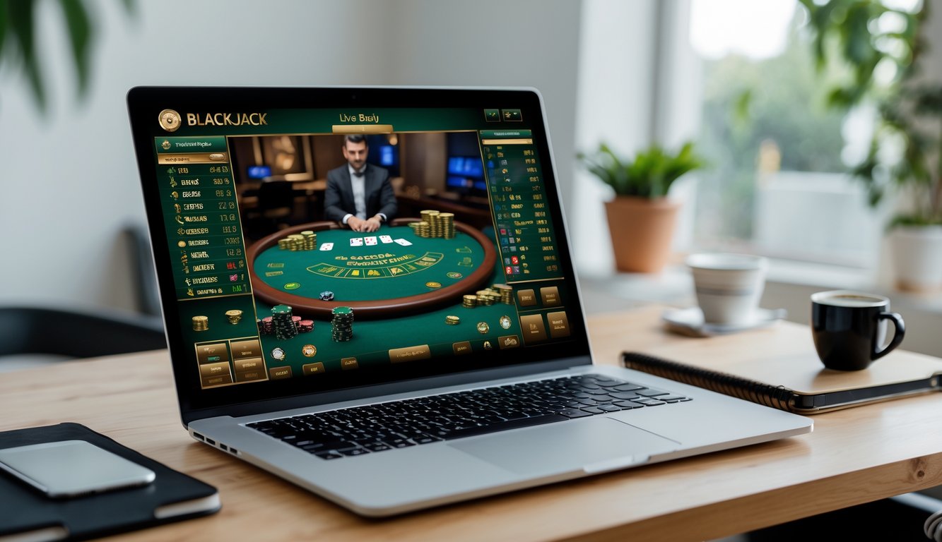 Seseorang bermain blackjack online dengan layar komputer yang menampilkan dealer dan kartu blackjack, di meja kerja yang rapi.