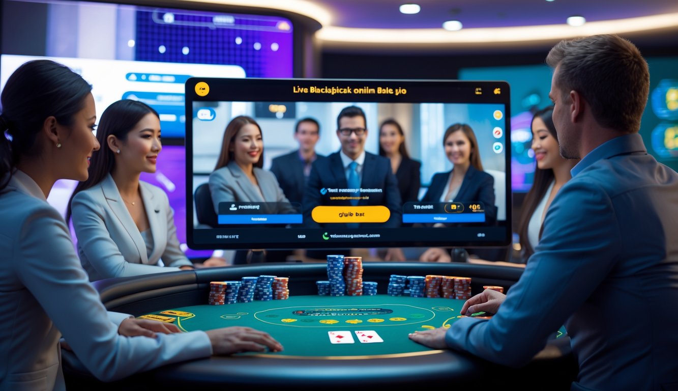 Seorang dealer profesional dan pemain berinteraksi dalam permainan blackjack online langsung dengan kartu dan chip di layar komputer.