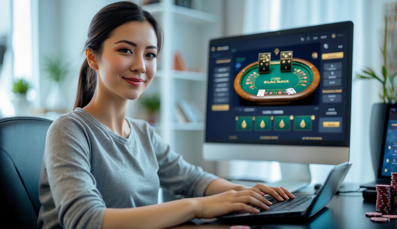 Seorang wanita muda duduk di depan komputer dengan permainan blackjack online di layar, terlihat fokus dan percaya diri.