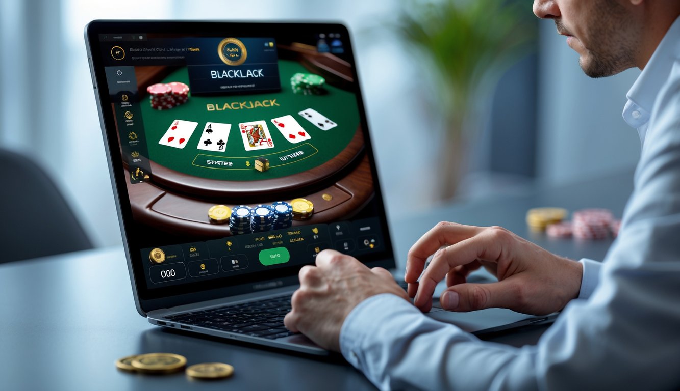 Seorang pemain fokus menggunakan perangkat digital untuk bermain live blackjack online dengan kartu dan chip terlihat jelas.