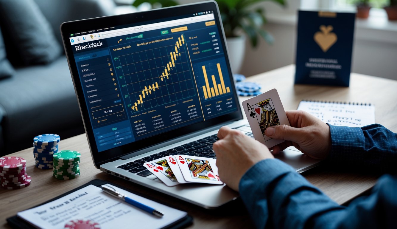 Seseorang sedang menganalisis strategi blackjack online dengan laptop, kartu, dan grafik manajemen bankroll di meja kerja.