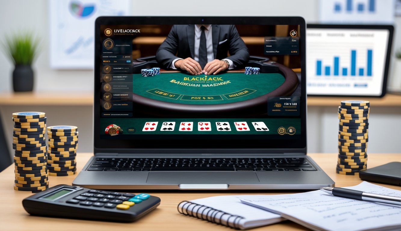 Seorang pemain sedang bermain live blackjack online dengan laptop dan alat manajemen keuangan di meja kerja.