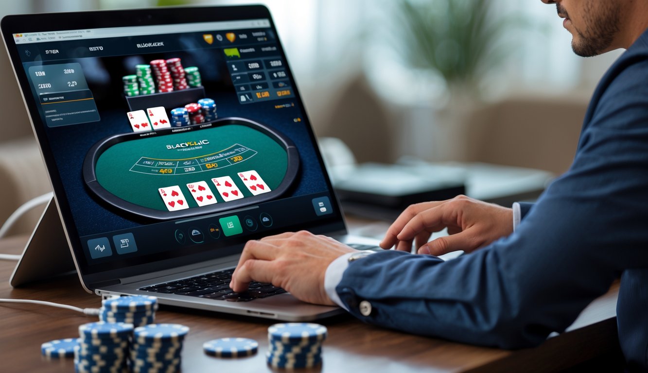 Seorang pemain fokus bermain blackjack online di depan layar komputer dengan kartu dan chip taruhan terlihat jelas.
