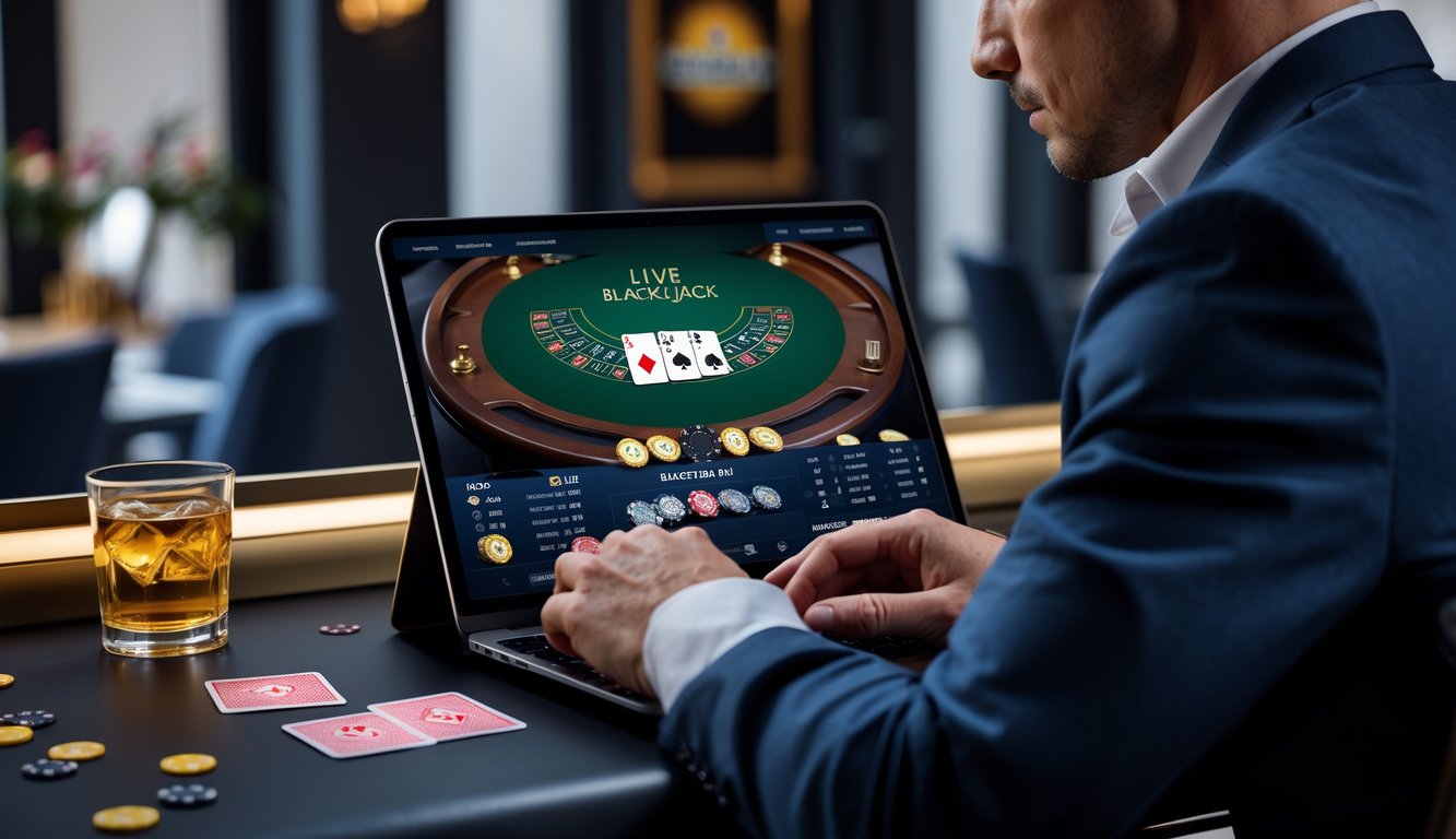 Seorang pemain fokus menggunakan laptop untuk bermain live blackjack online dengan kartu dan chip terlihat di layar.
