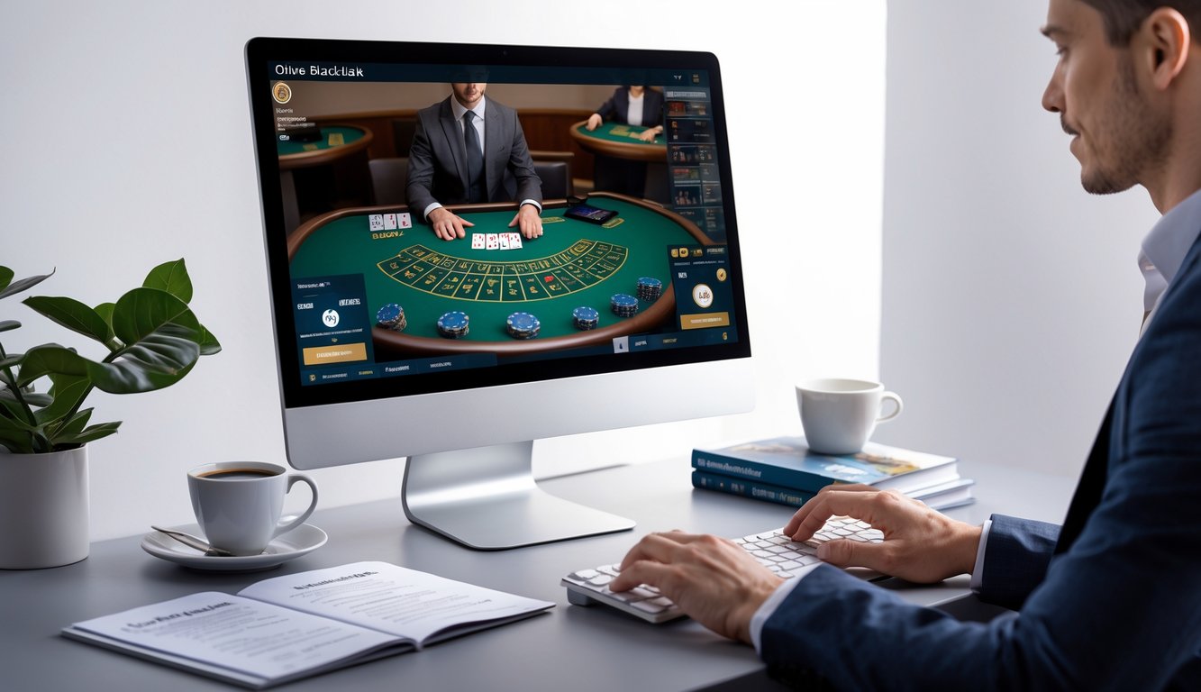 Seorang pemain sedang bermain blackjack online di depan komputer dengan meja blackjack dan dealer terlihat di layar.