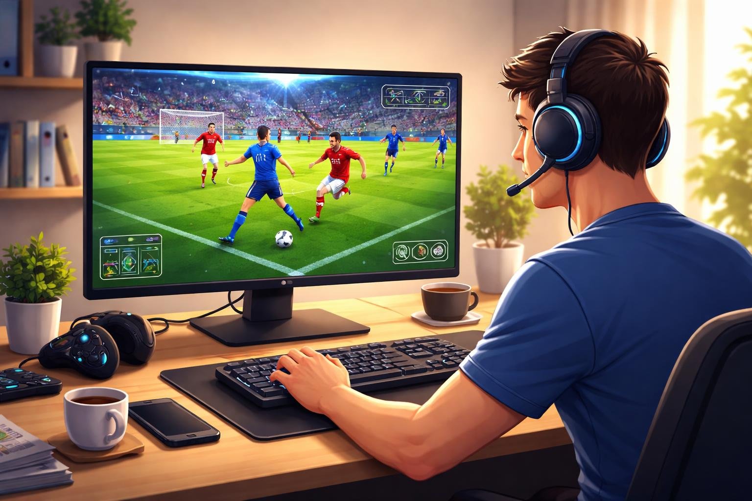 Seorang pria muda duduk di meja dengan komputer yang menampilkan permainan sepak bola online yang sedang berlangsung.