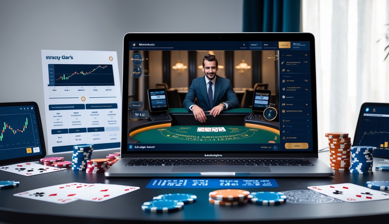 Seorang pemain sedang bermain blackjack online dengan dealer langsung di layar komputer, dikelilingi oleh kartu dan chip poker.
