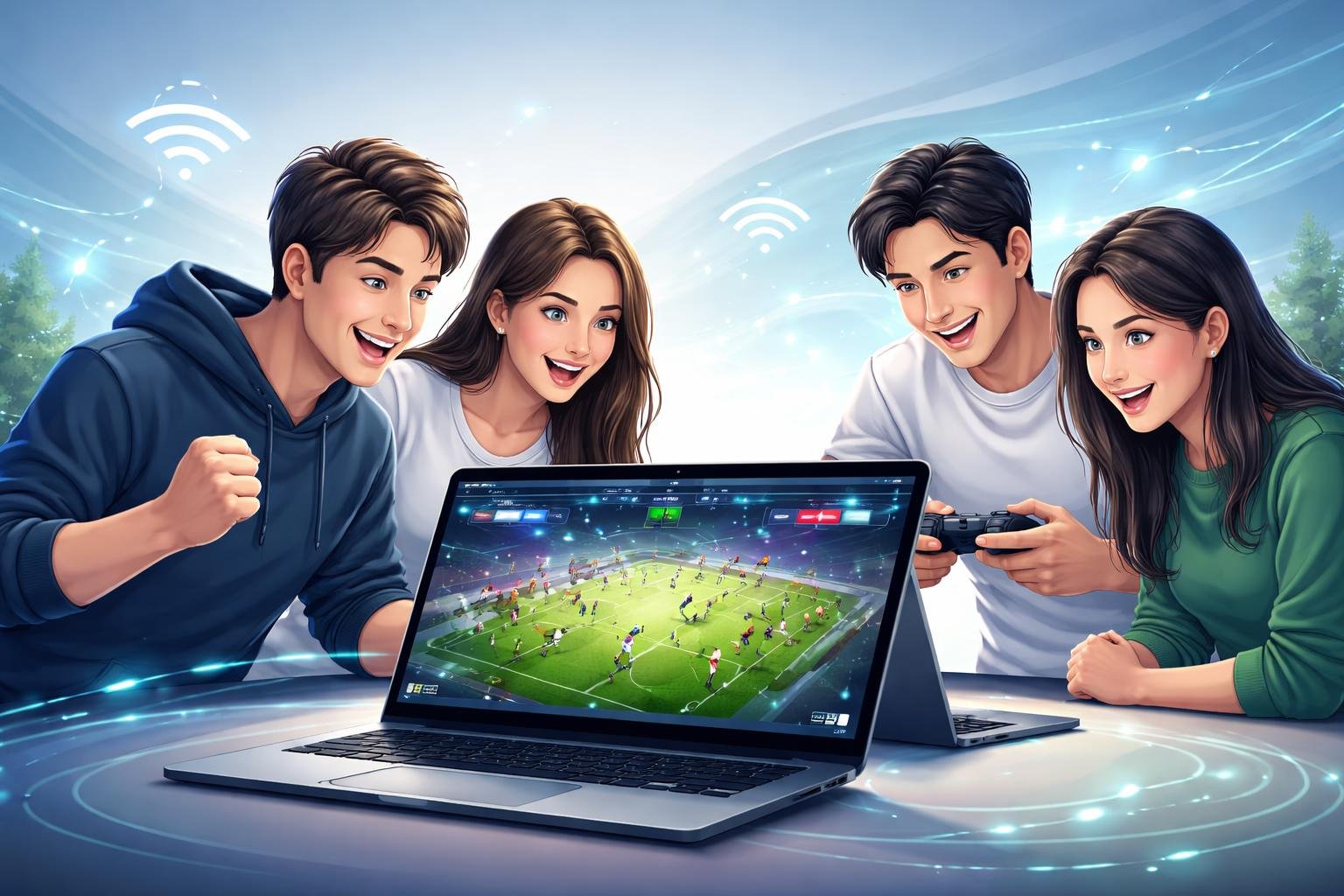 Beberapa orang muda sedang fokus bermain permainan bola online di depan komputer dengan latar belakang digital yang modern.
