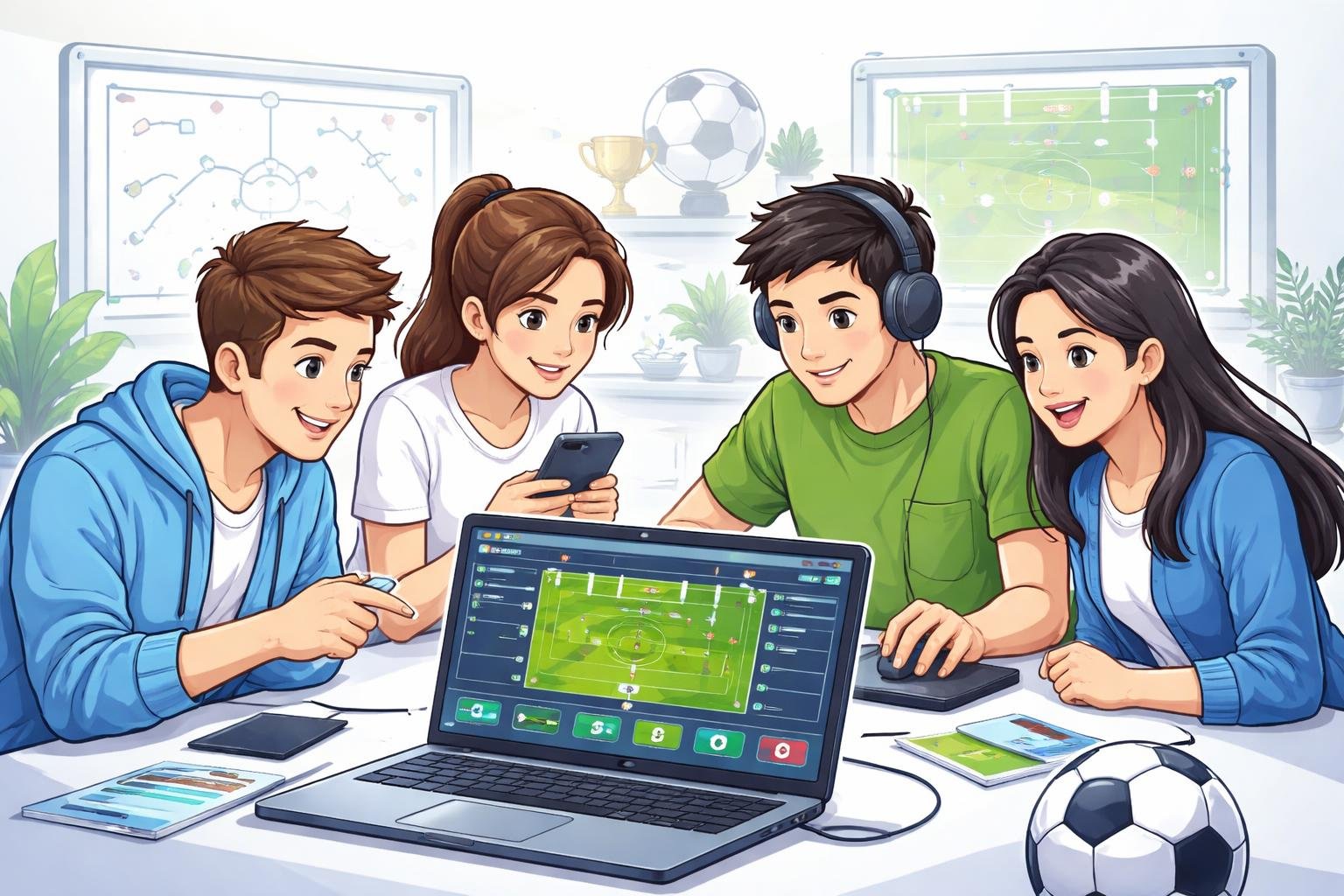 Beberapa orang muda sedang belajar dan bermain permainan bola online di depan komputer dengan latar belakang elemen bola sepak seperti bola dan papan strategi.