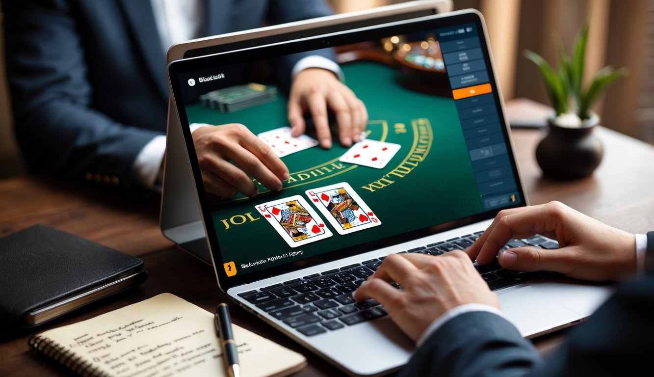 Seseorang bermain blackjack online dengan kombinasi kartu terbaik di layar komputer dan alat bantu strategi di sekitarnya.