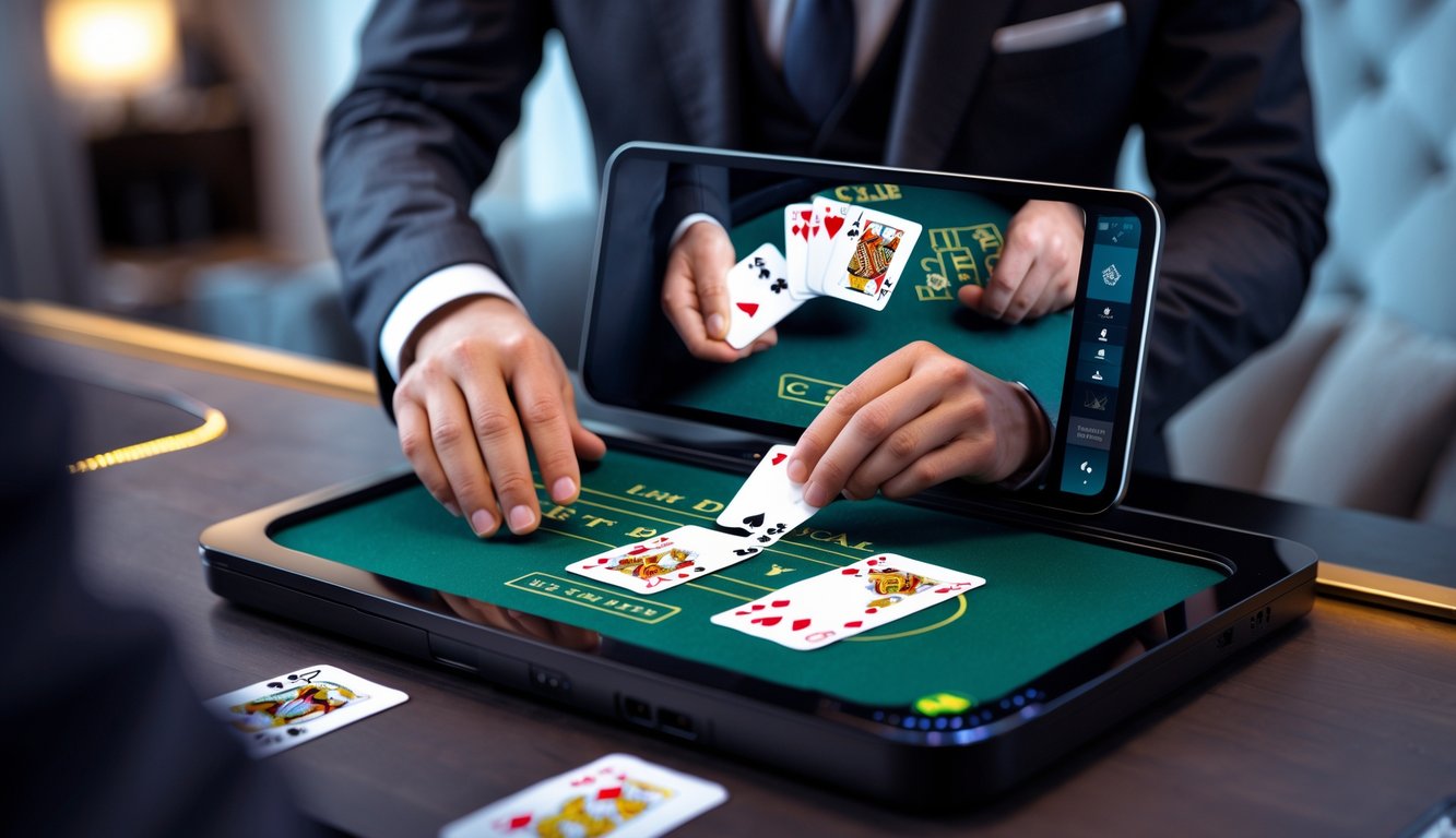 Seorang dealer mengatur kartu blackjack secara profesional di meja permainan online dengan kartu terbaik terlihat di layar.