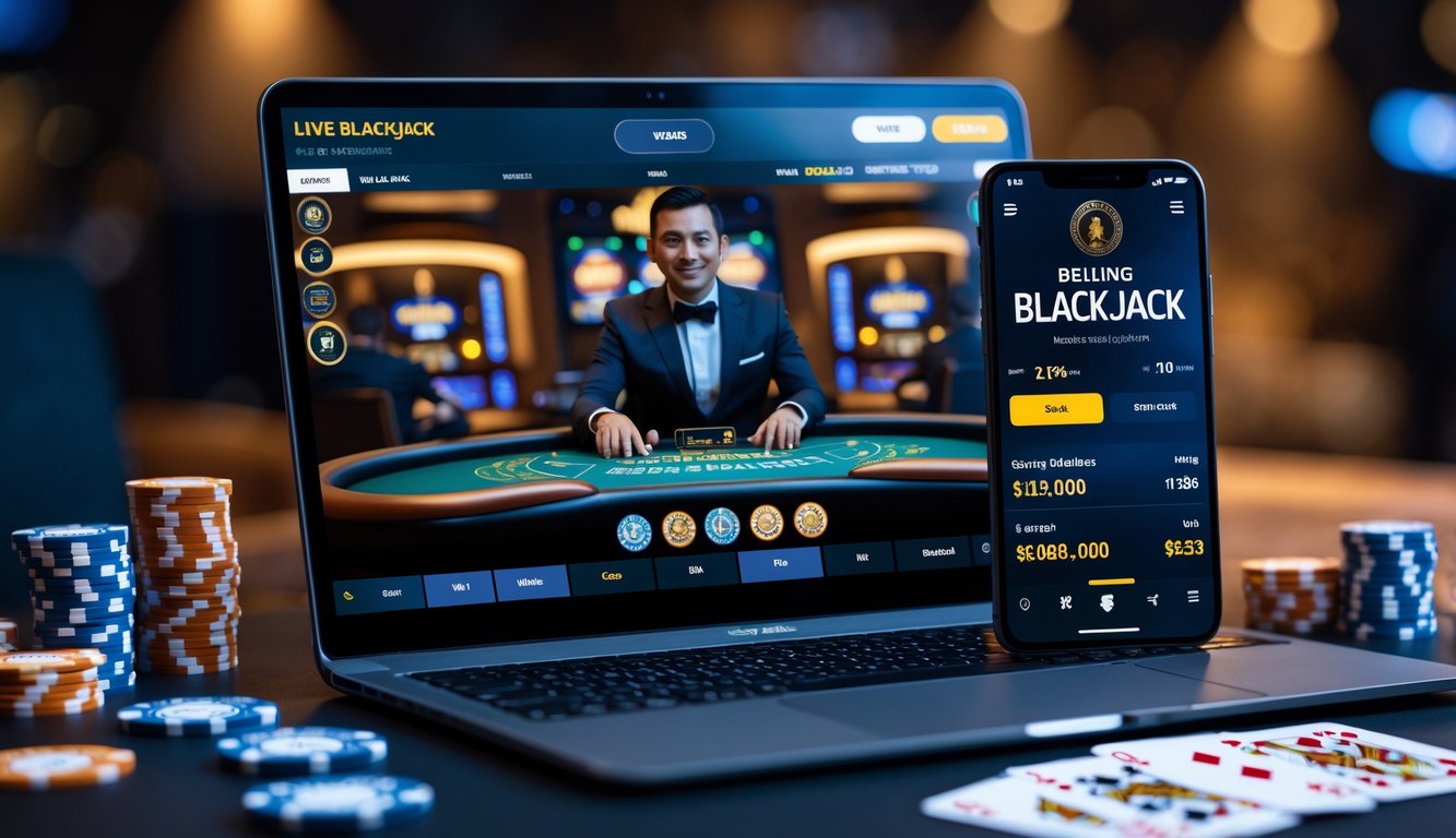 Seorang pemain menggunakan laptop dengan permainan blackjack live dealer dan chip poker di meja.