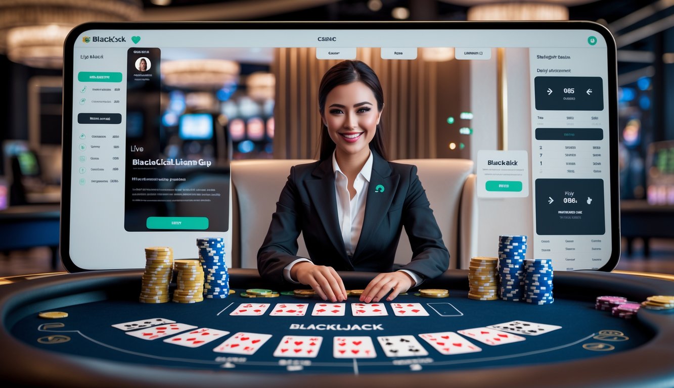 Seorang dealer live blackjack profesional di meja dengan kartu dan chip, tampilan antarmuka permainan blackjack online terlihat jelas.
