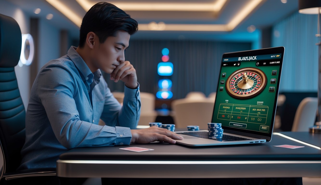 Seseorang sedang belajar strategi blackjack online dengan laptop, kartu remi, dan chip poker di meja.