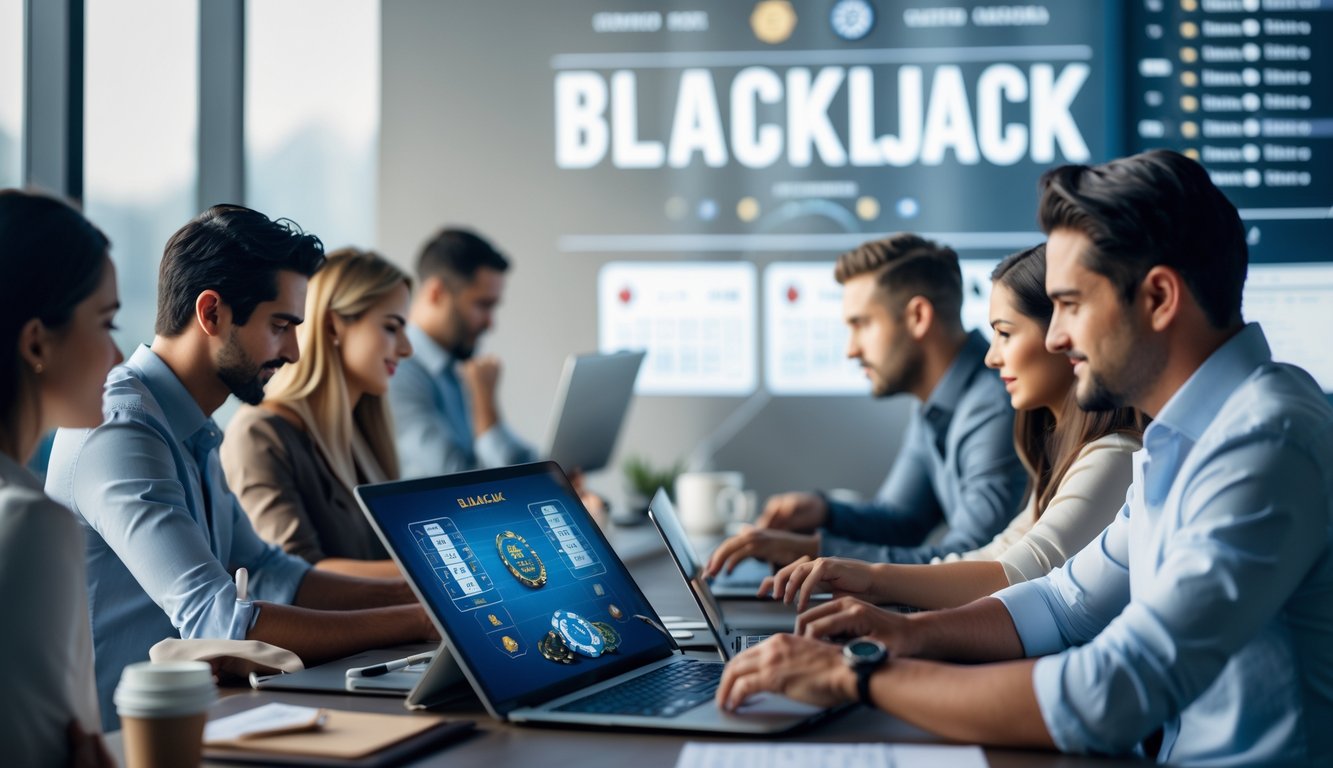 Beberapa orang sedang bermain blackjack online dengan laptop dan tablet di meja yang rapi, fokus dan serius dalam suasana belajar strategi.