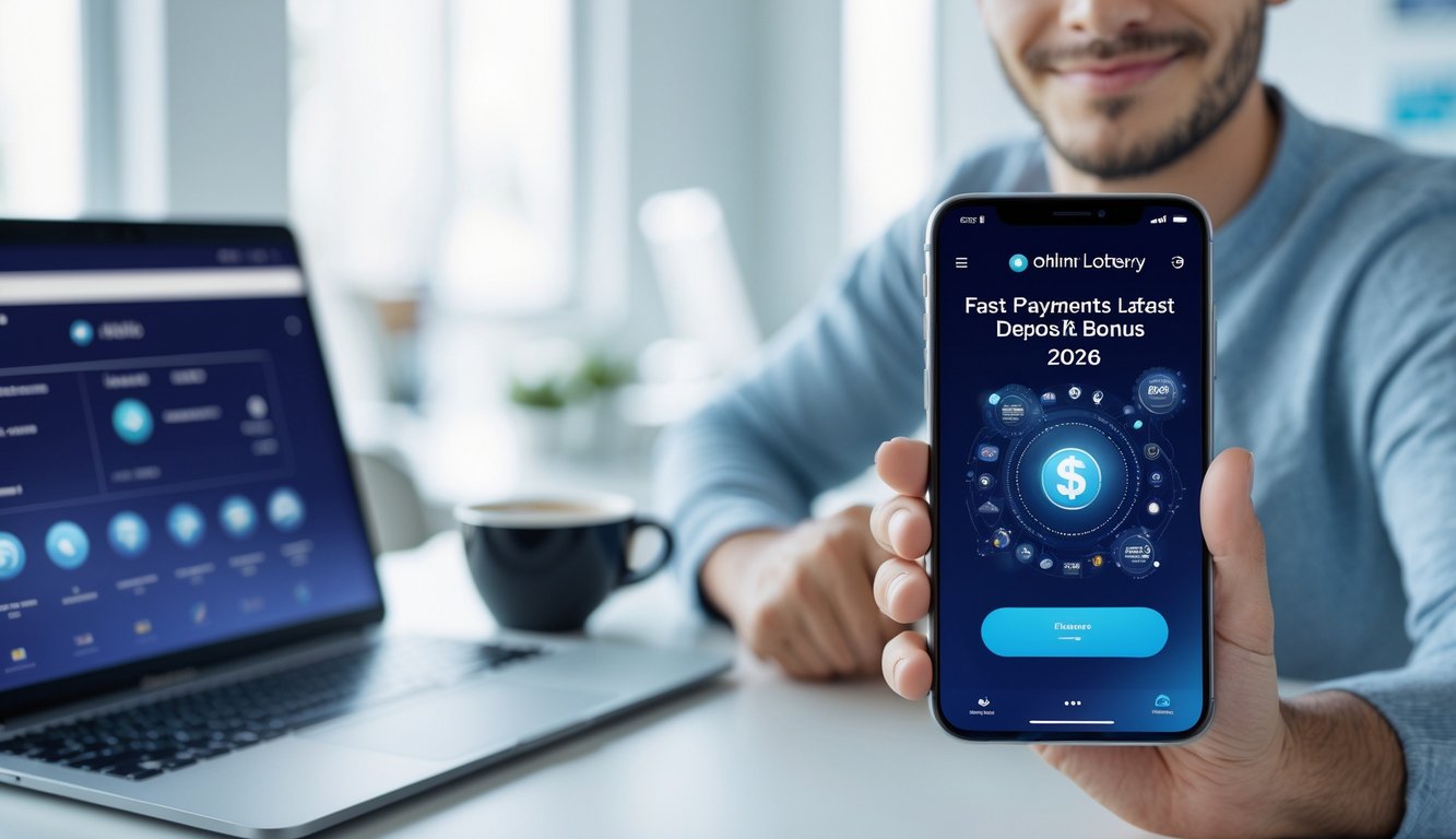 Seseorang memegang ponsel dengan antarmuka digital modern di ruang kerja yang terang dan rapi.