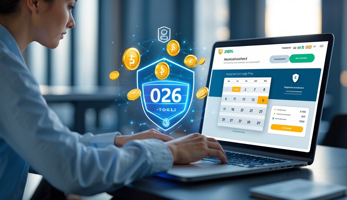 Seseorang sedang menggunakan laptop di ruang kerja modern dengan ikon pembayaran digital dan kalender yang menandai tahun 2026.