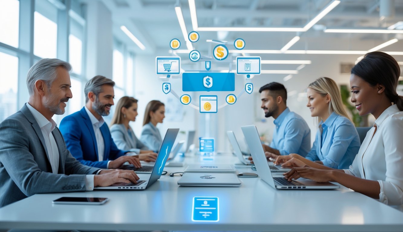 Orang-orang menggunakan laptop dan ponsel di kantor modern yang terang, menunjukkan transaksi online yang cepat dan terpercaya.