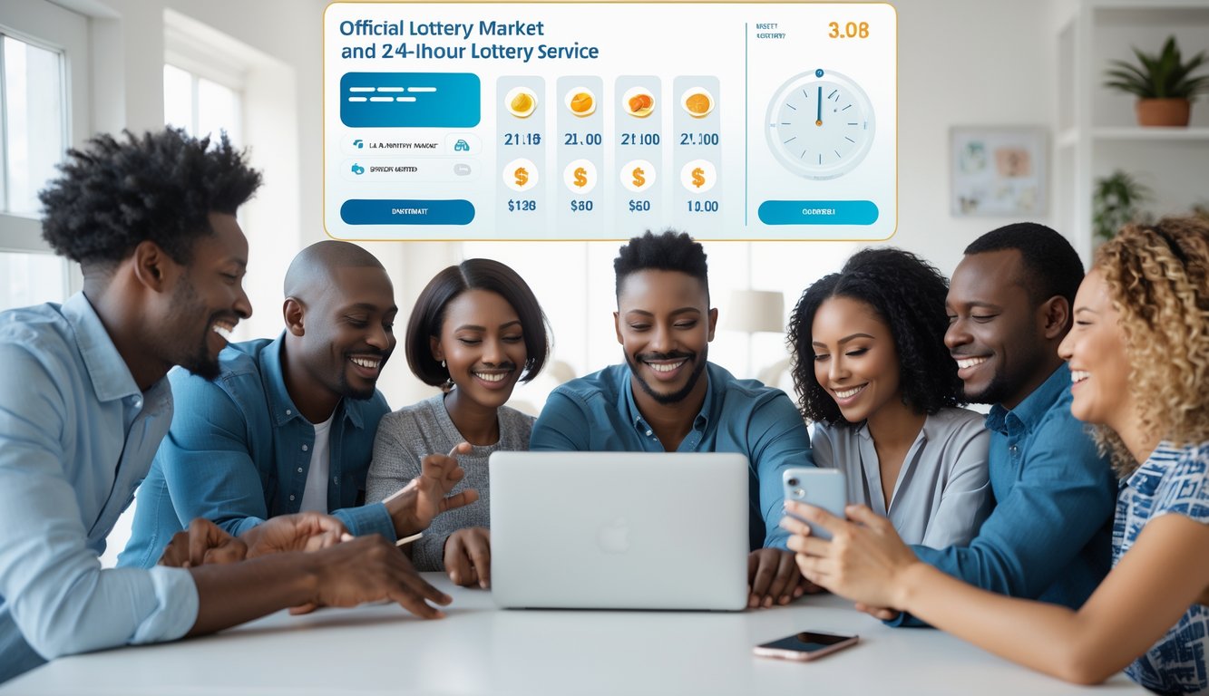 Sekelompok orang menggunakan laptop dan ponsel di ruang tamu yang terang untuk bermain lotere online dengan percaya diri.