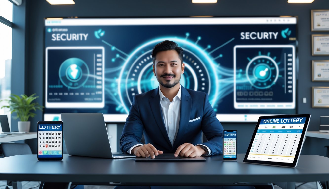 Seorang profesional di kantor modern menggunakan perangkat digital untuk layanan togel online terpercaya dengan suasana yang menunjukkan kecepatan dan keamanan.