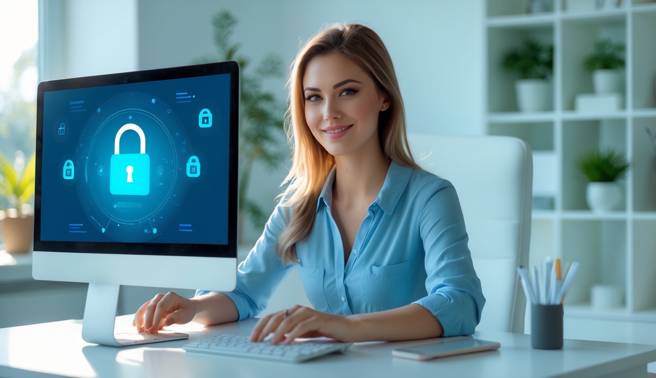 Seorang wanita muda duduk di meja dengan laptop di ruang kerja rumah yang terang dan rapi.