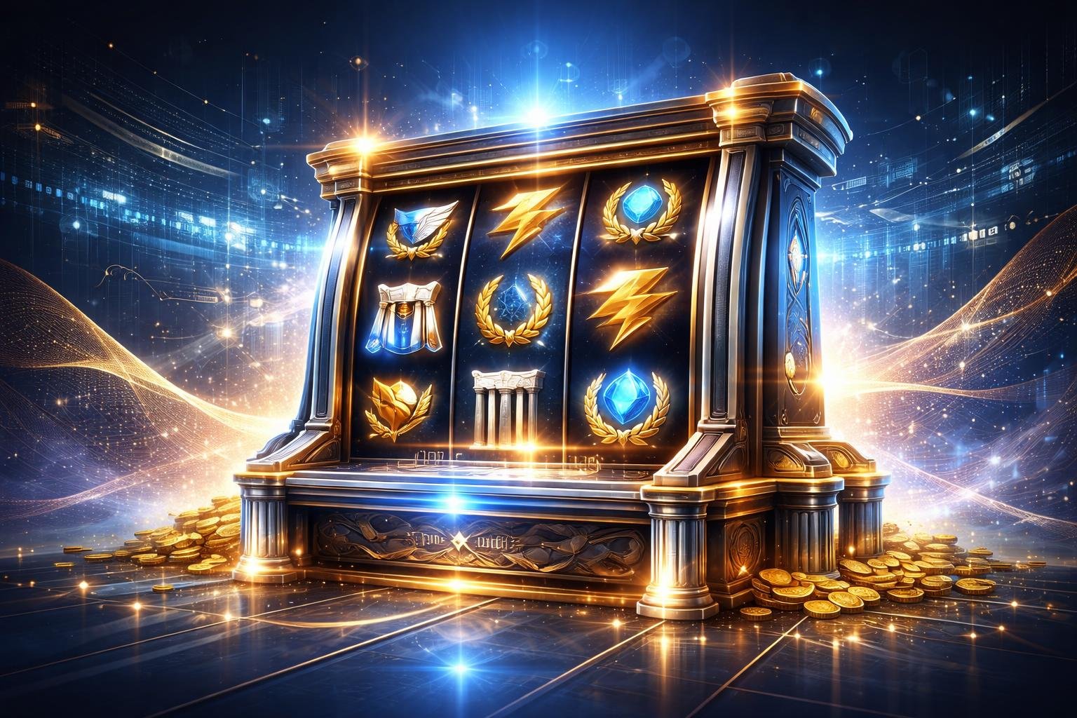 Ilustrasi mesin slot bergaya mitologi Yunani dengan simbol petir dan laurel, dikelilingi elemen digital yang menunjukkan informasi terpercaya dan terbaru.