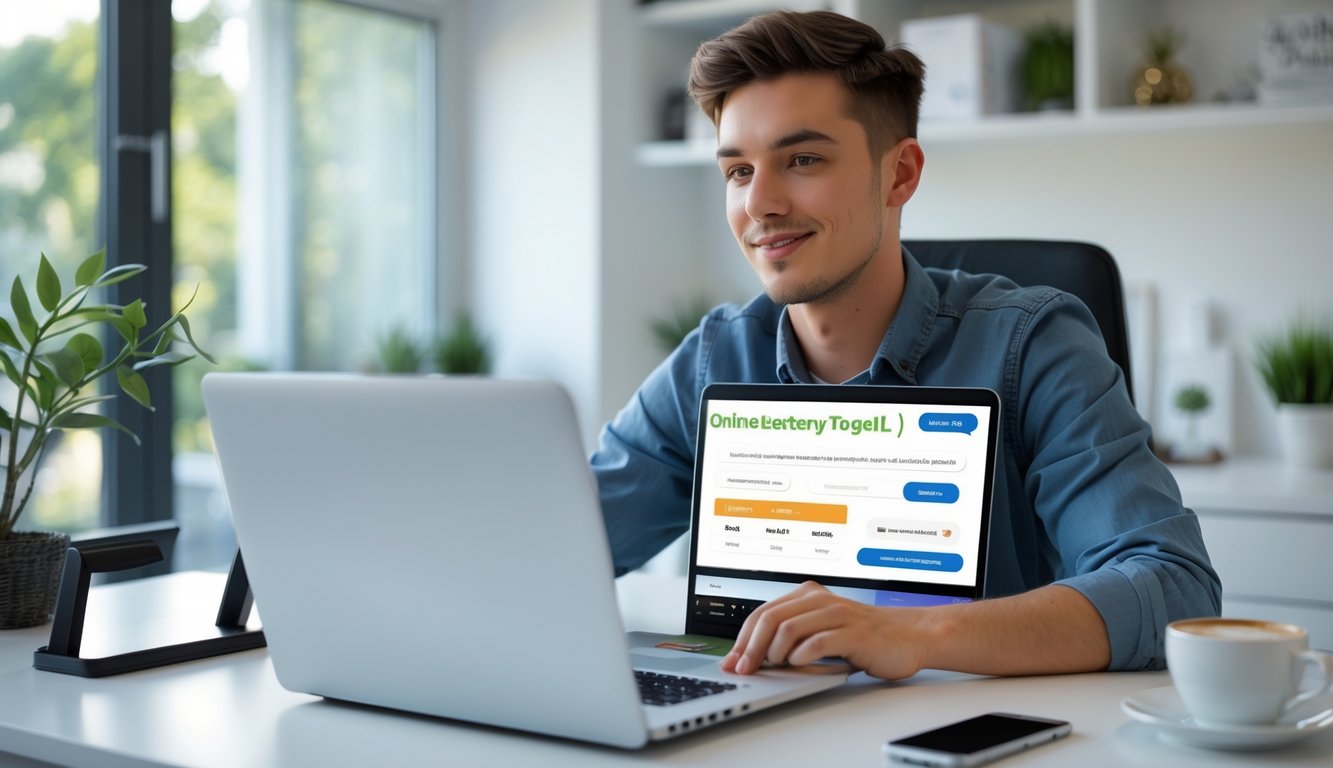 Seorang dewasa muda duduk di meja dengan laptop terbuka, tampak fokus dan puas menggunakan situs togel online yang aman dan cepat.