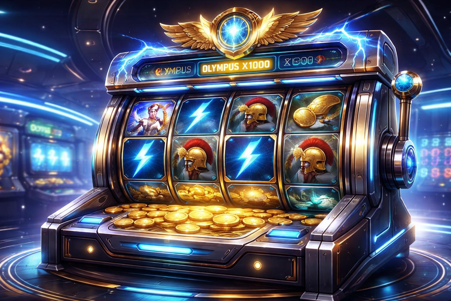 Ilustrasi mesin slot modern dengan simbol mitologi Yunani dan latar kasino futuristik.