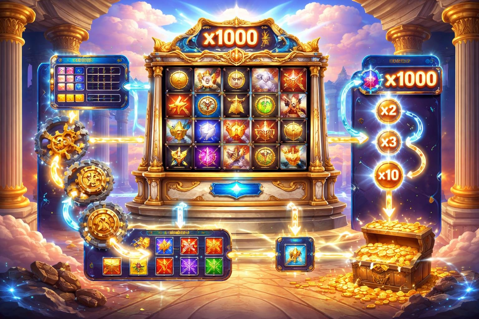 Ilustrasi mesin slot Olympus X1000 dengan simbol mitologi Yunani dan elemen mekanisme permainan di latar kuil megah.