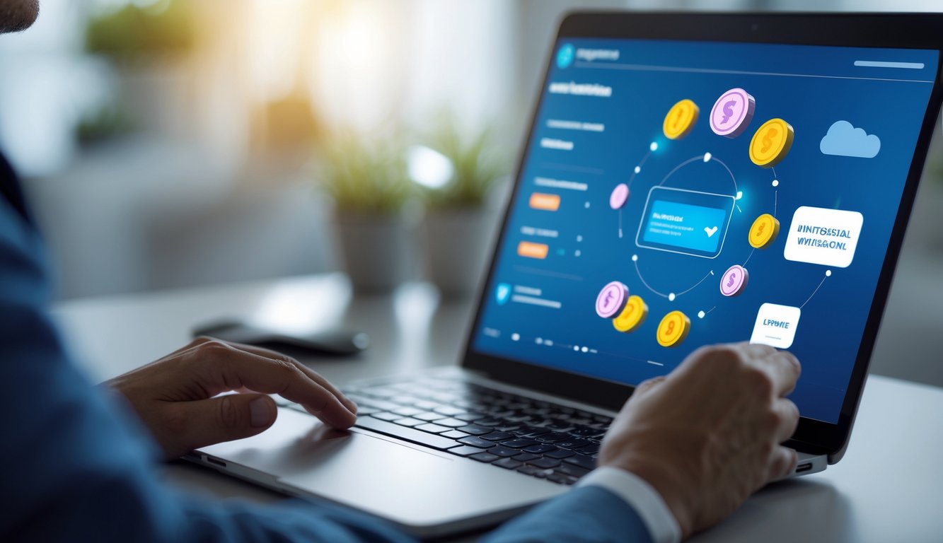 Seseorang menggunakan laptop atau ponsel pintar dengan tampilan transaksi keuangan instan di layar dalam suasana ruang kerja modern.