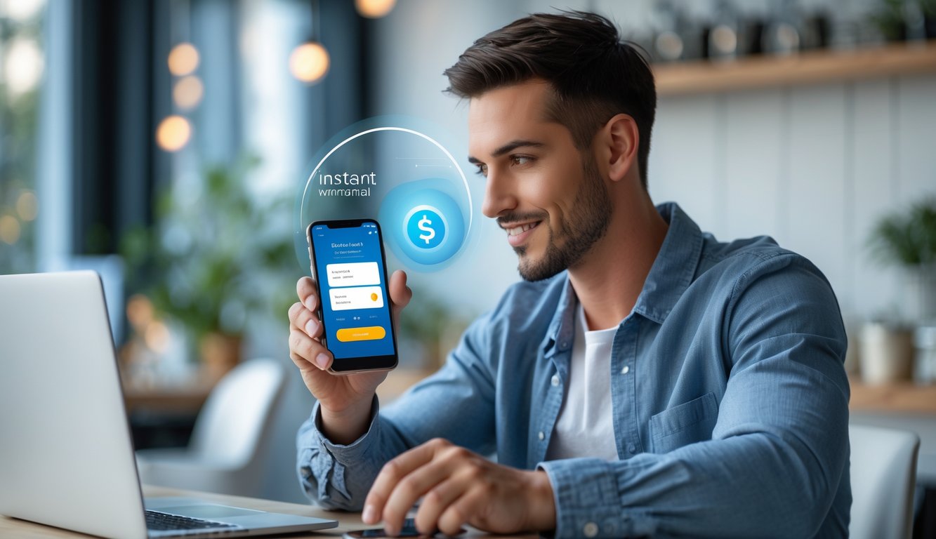 Seorang pria muda menggunakan ponsel untuk melakukan transaksi keuangan online di ruang kerja modern.