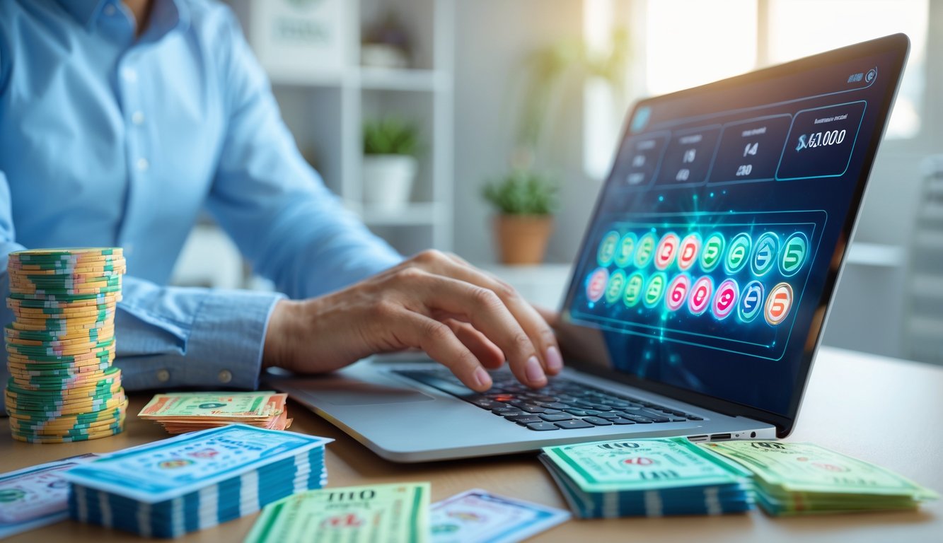 Seseorang menggunakan laptop di ruang kerja yang rapi dengan suasana cerah, menunjukkan aktivitas bermain togel online.