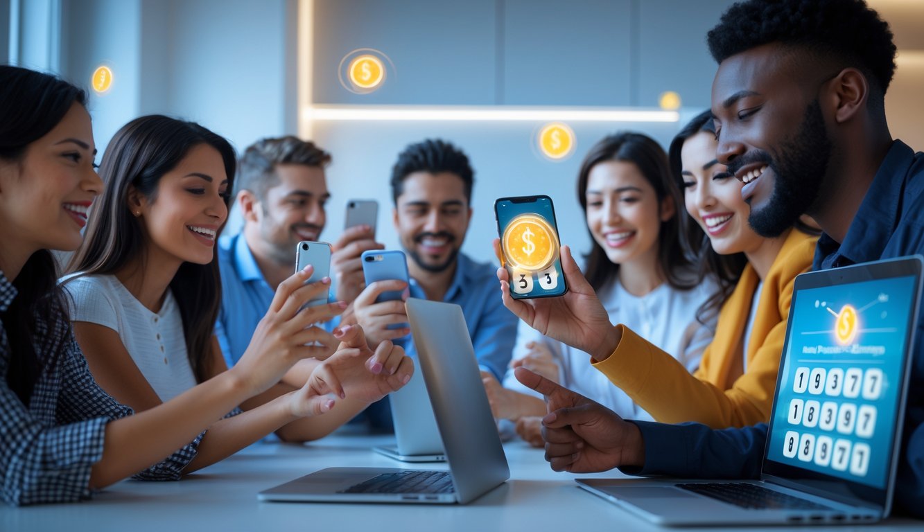 Sekelompok orang menggunakan perangkat digital dengan ekspresi antusias, menunjukkan konsep togel online terpercaya dan pembayaran cepat.