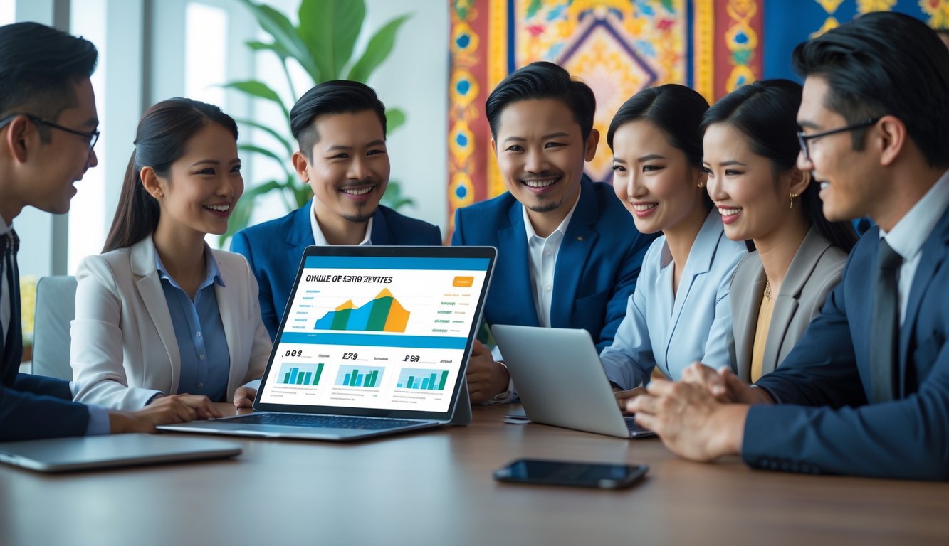 Sekelompok profesional bisnis Indonesia sedang berdiskusi di kantor modern dengan perangkat digital yang menampilkan data layanan togel online.