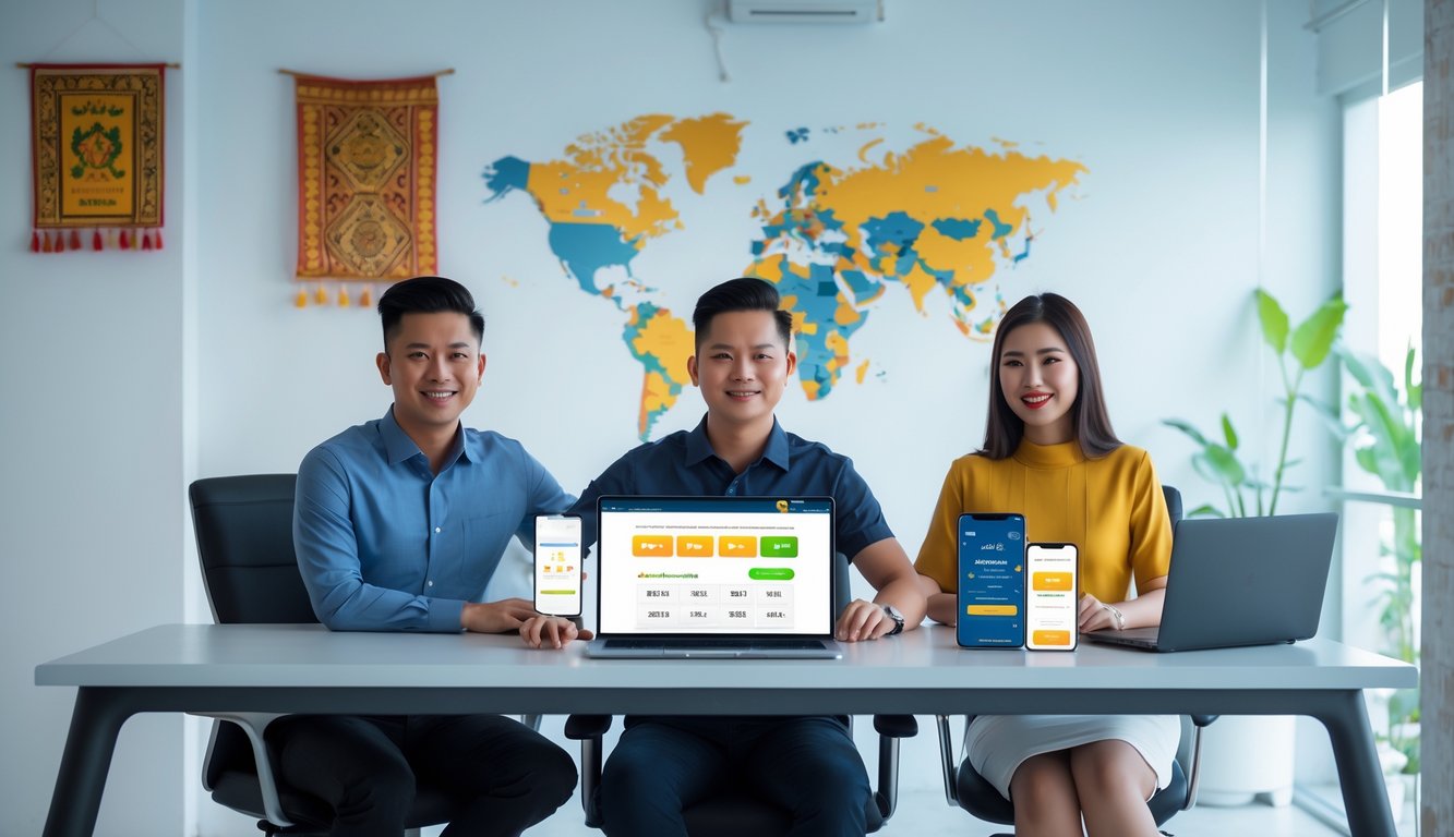 Dua orang Indonesia sedang menggunakan perangkat digital di kantor modern untuk bermain togel online dengan suasana profesional dan terpercaya.