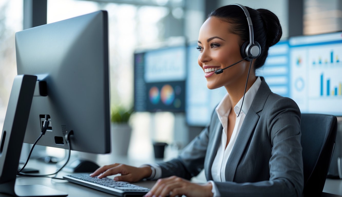 Seorang petugas layanan pelanggan yang ramah sedang berbicara melalui headset di kantor modern dengan beberapa layar komputer di latar belakang.
