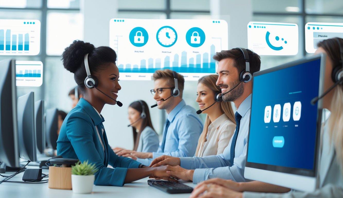 Beberapa staf layanan pelanggan sedang bekerja di kantor modern dengan komputer dan headset, menunjukkan suasana layanan cepat dan terpercaya.