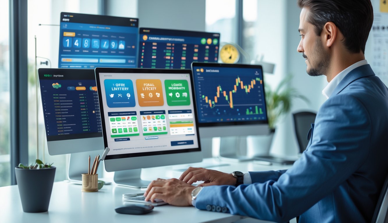Seorang profesional sedang menggunakan laptop di kantor modern dengan layar digital menampilkan berbagai pasar togel lokal dan internasional.