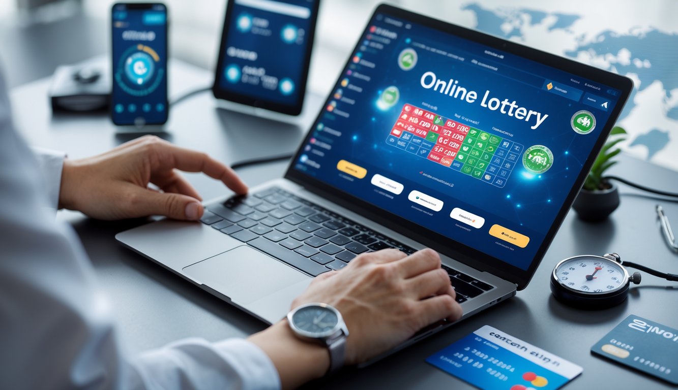 Seseorang menggunakan laptop dan smartphone di meja kerja dengan tampilan antarmuka lotere online dan simbol pembayaran cepat.