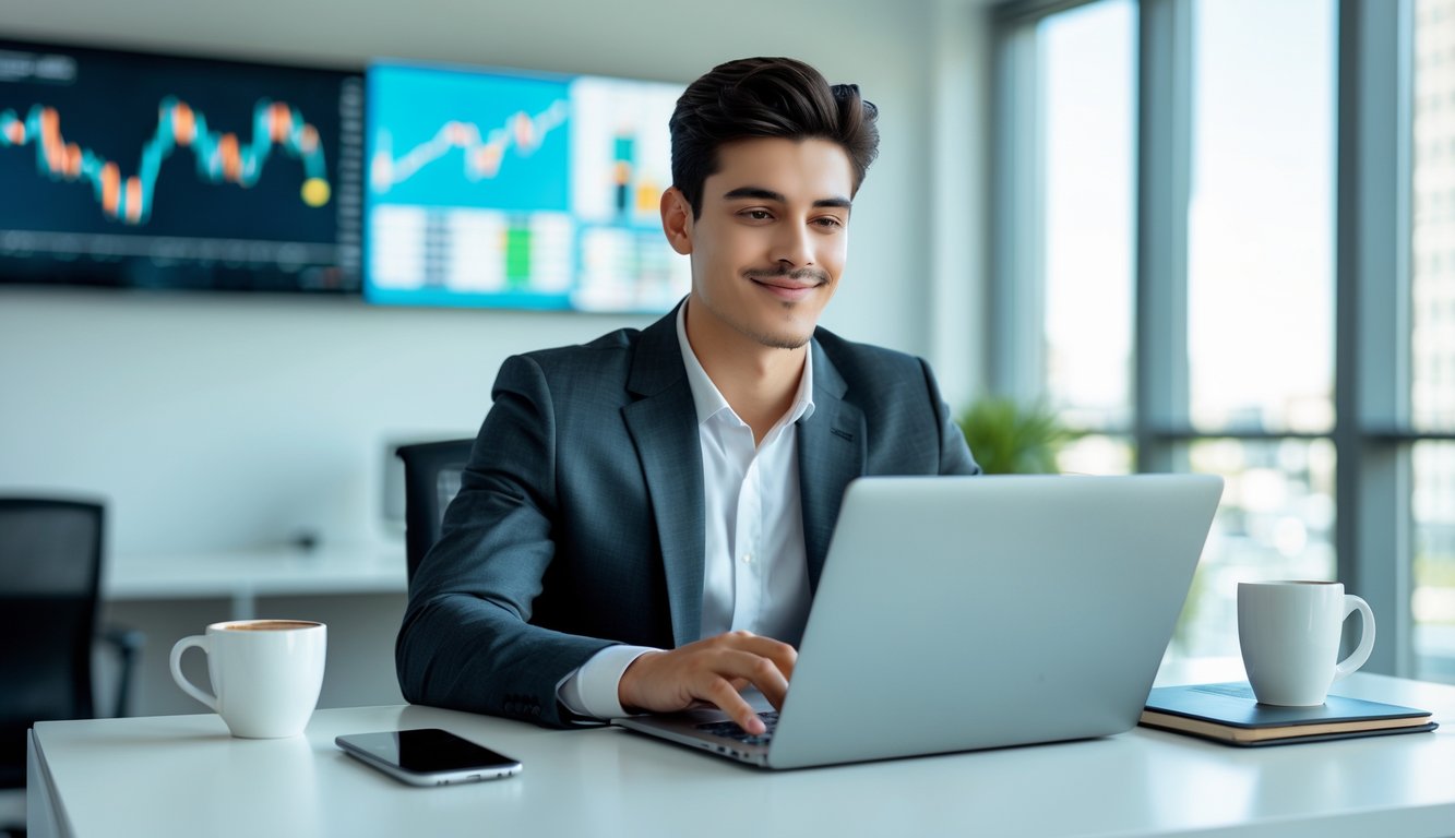 Seorang pria muda duduk di meja kantor modern menggunakan laptop dengan ekspresi fokus dan santai.