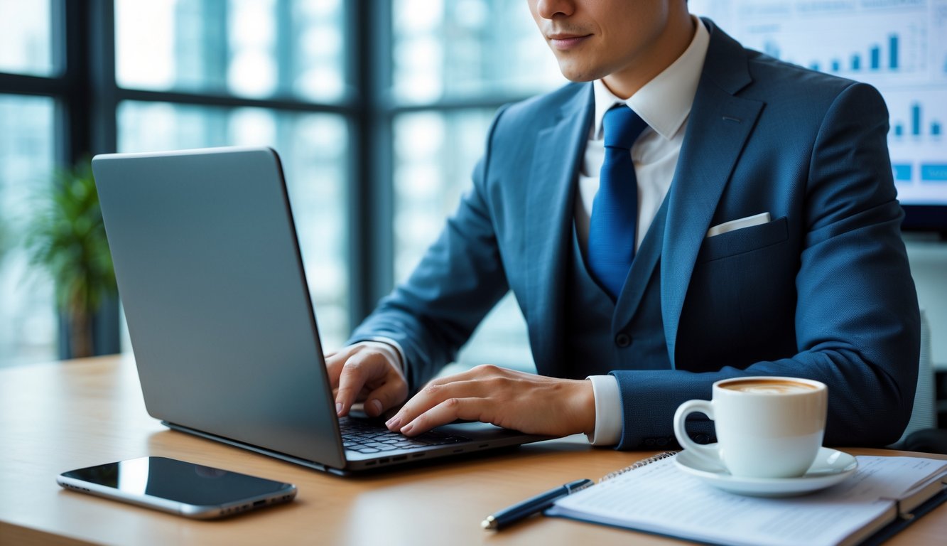 Seseorang menggunakan laptop di kantor modern dengan suasana fokus dan profesional.