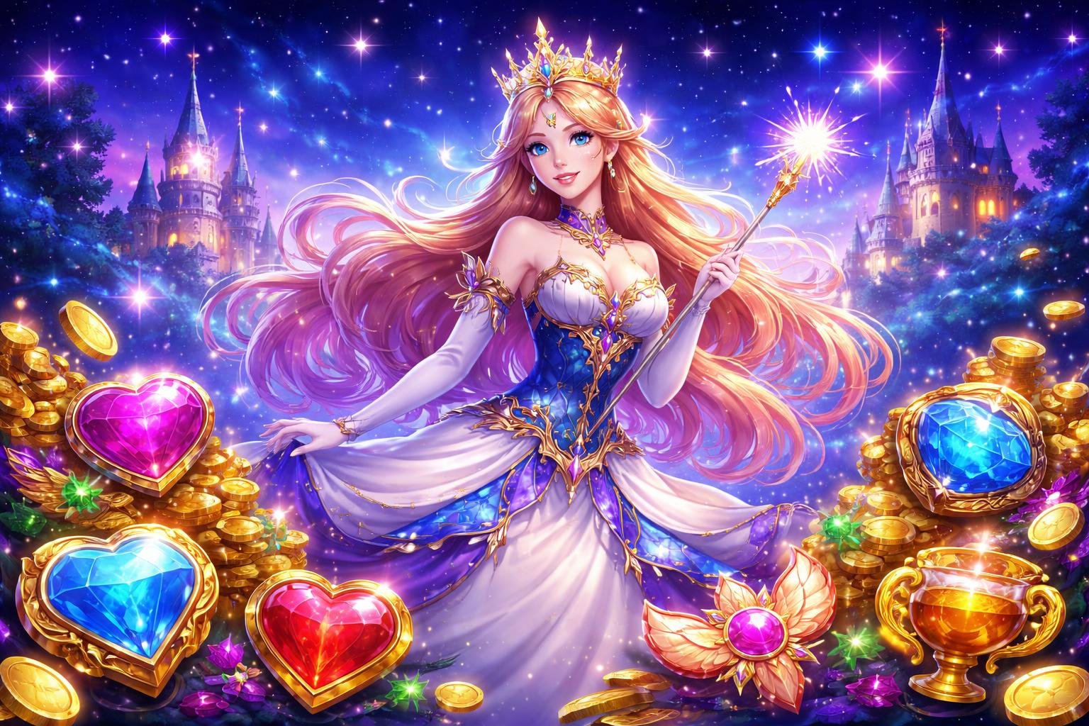Seorang putri bercahaya berdiri di depan kastil ajaib di bawah langit malam berbintang dengan simbol-simbol permata dan koin berkilauan di sekitarnya.